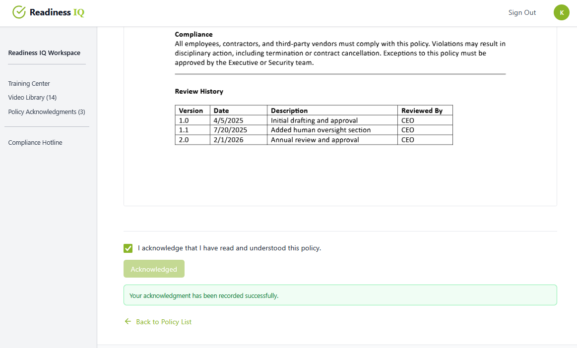 Policy acknowledgment confirmation with checkbox and acknowledge button