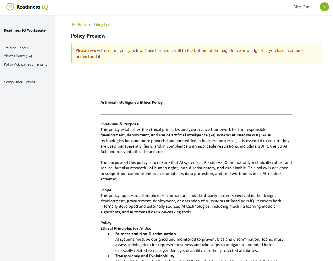 Policy review page showing full policy content before acknowledgment
