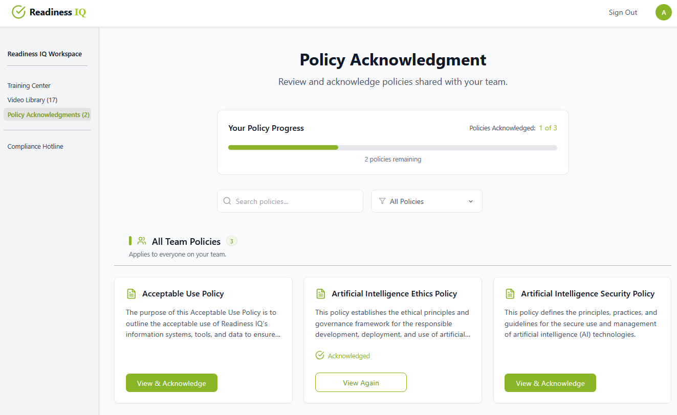 Policy acknowledgment dashboard showing assigned policies, progress tracking, and acknowledgment status