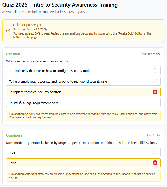 Training quiz showing incorrect answer explanation
