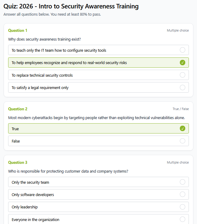 Quiz interface showing questions and answers