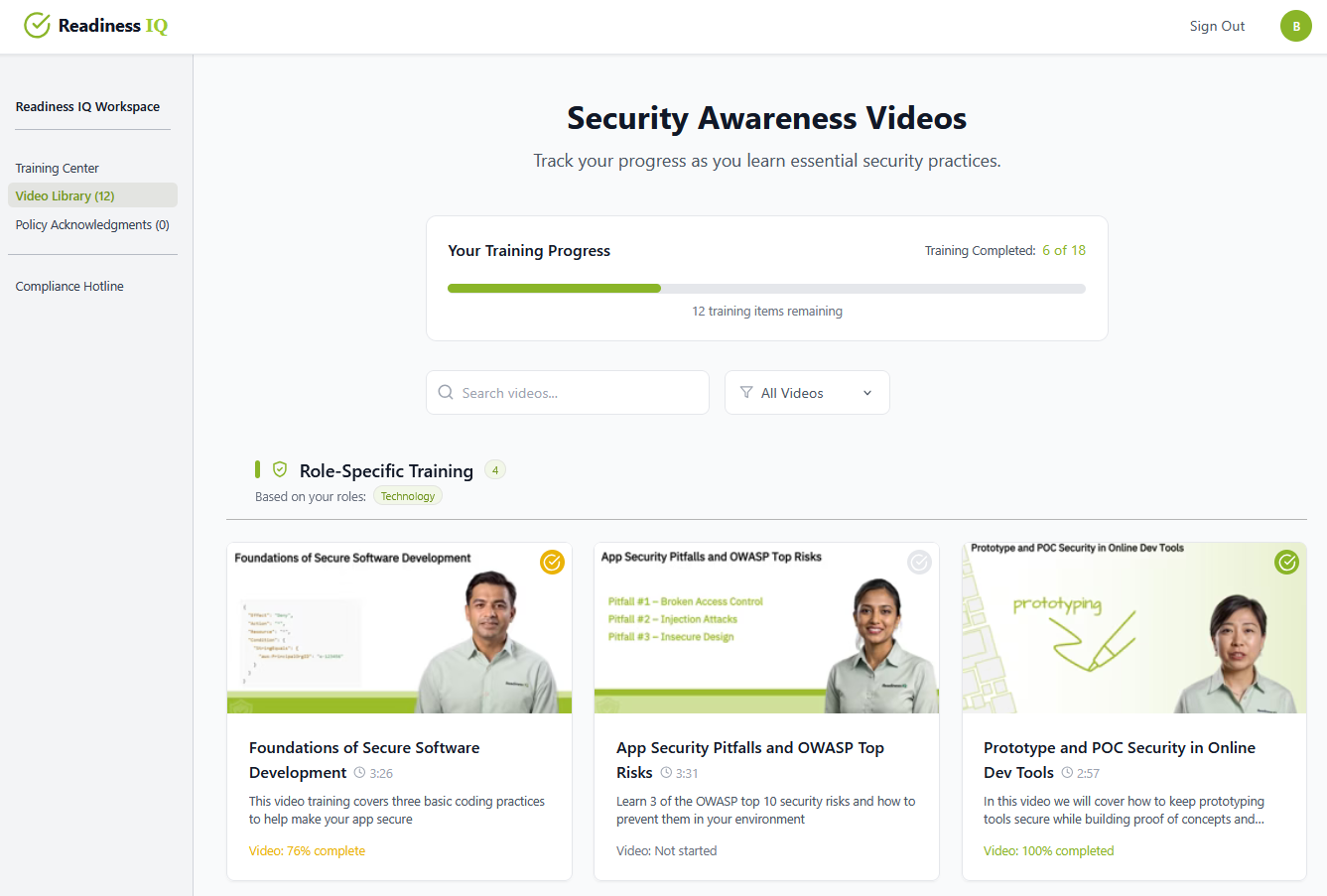 Training library shows progress, titles, desriptions, and duration